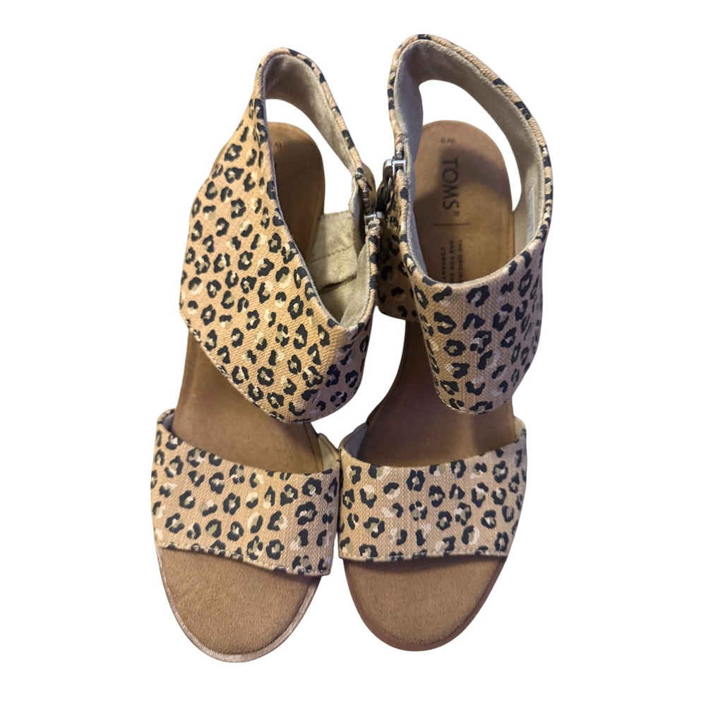 TOMS Majorca Cutout Sandals Leopard Print Block Heel Tan Black Women 9